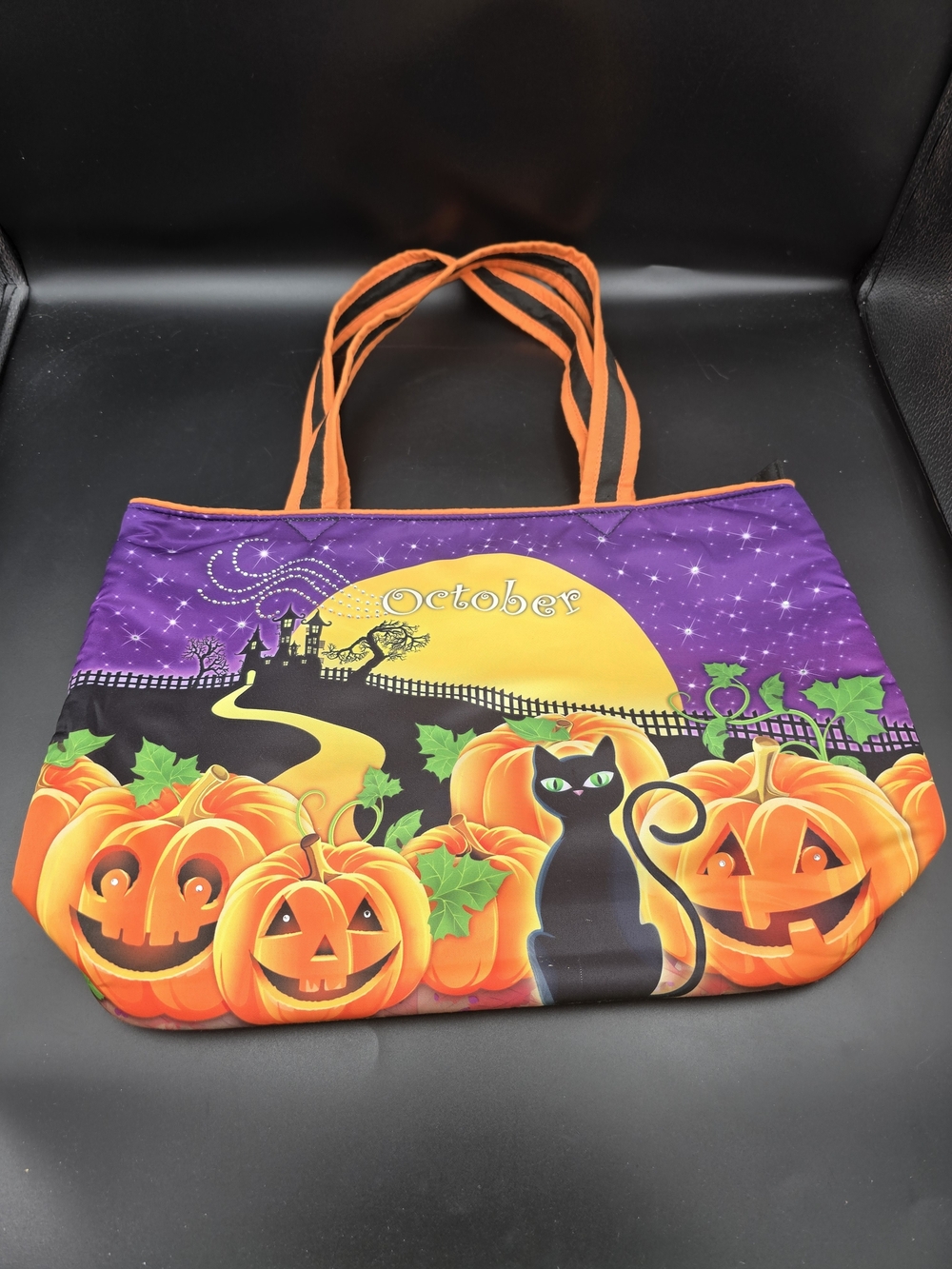 Willabee& Ward October/Halloween Tote Bag with Orange Accents and Black Cat